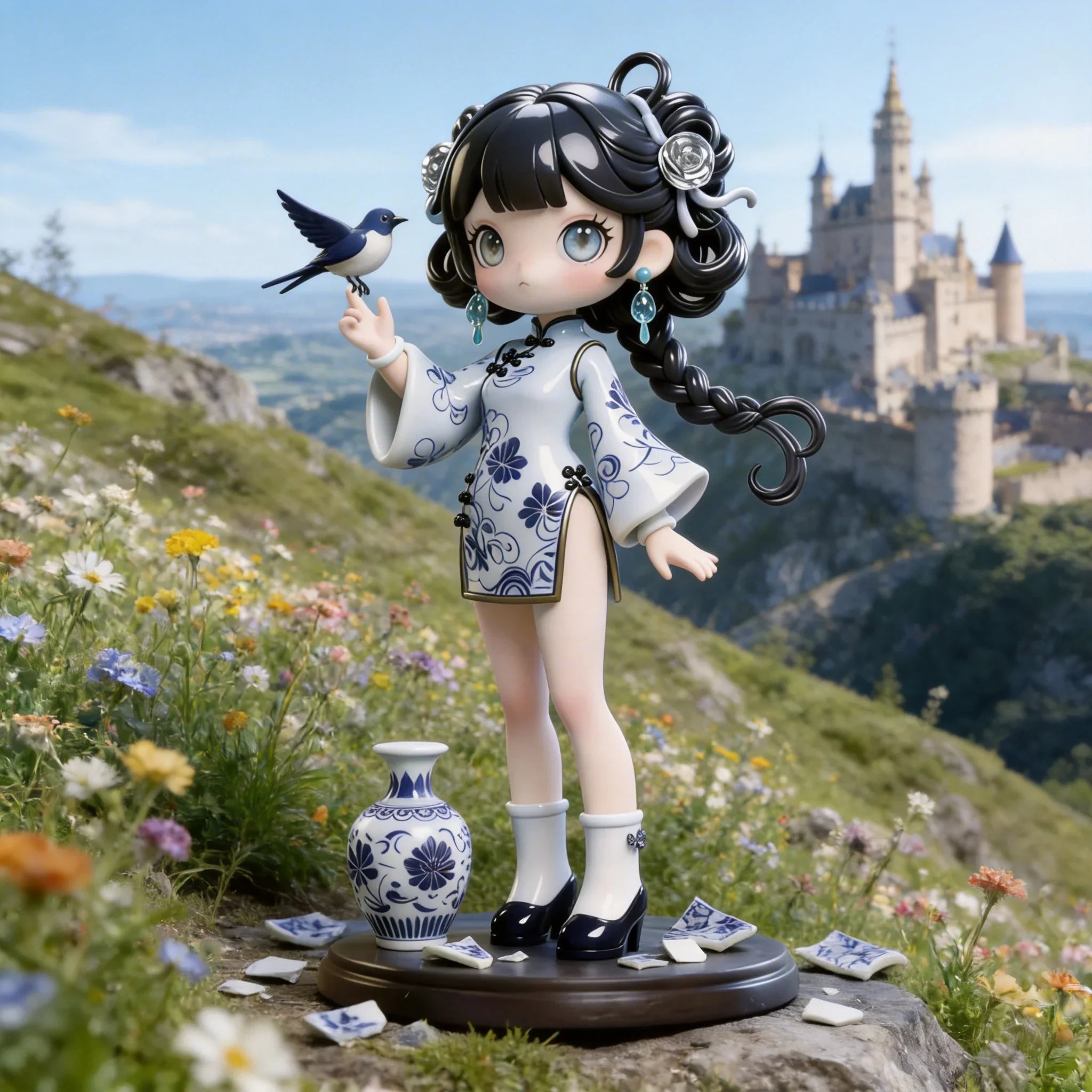 Blue and White Porcelain Style Girl Figurine