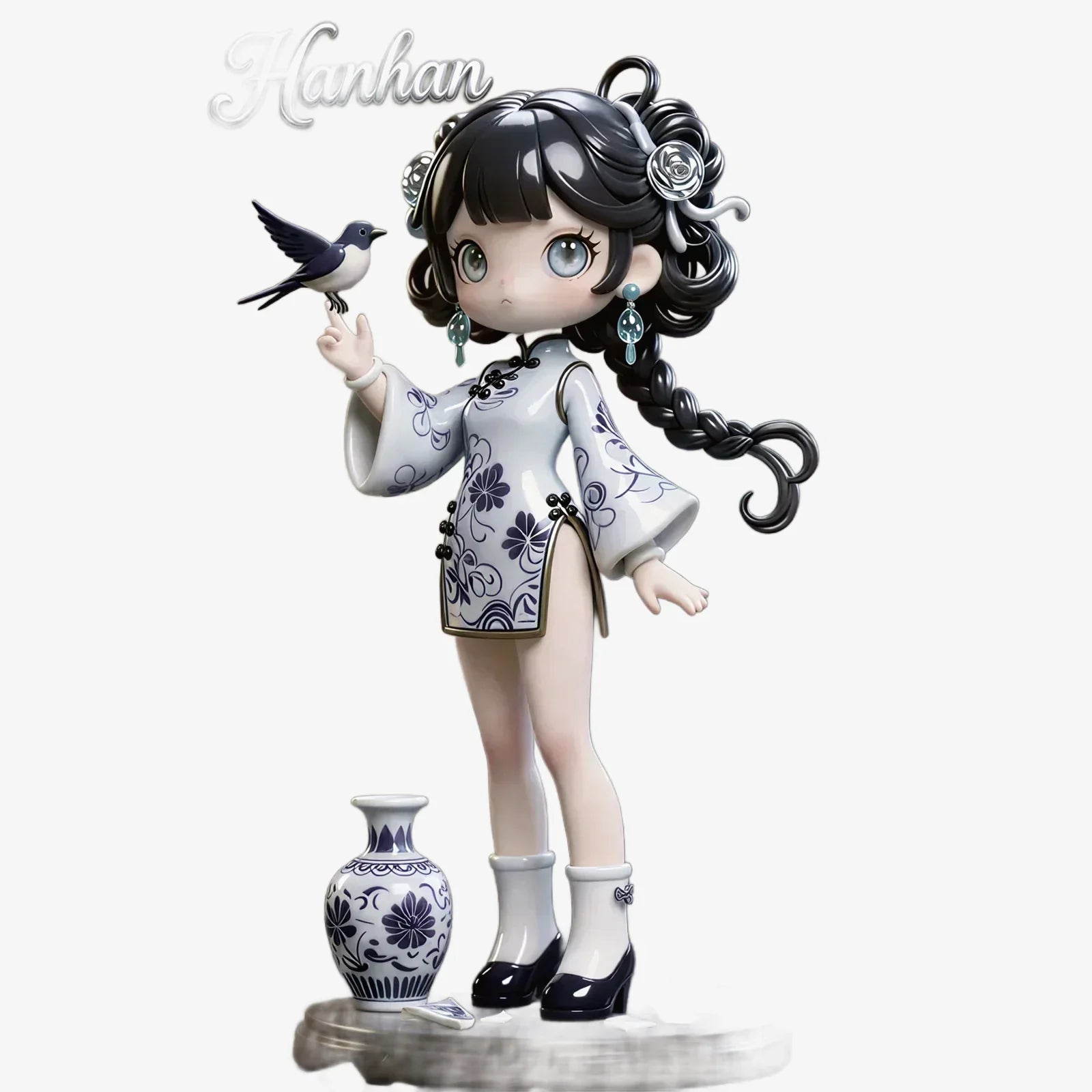 Blue and White Porcelain Style Girl Figurine