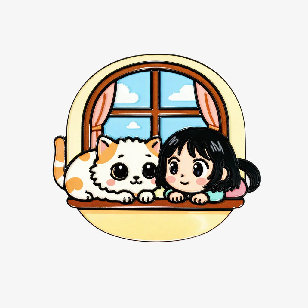 Girl and Cat by Window Fridge Magnet