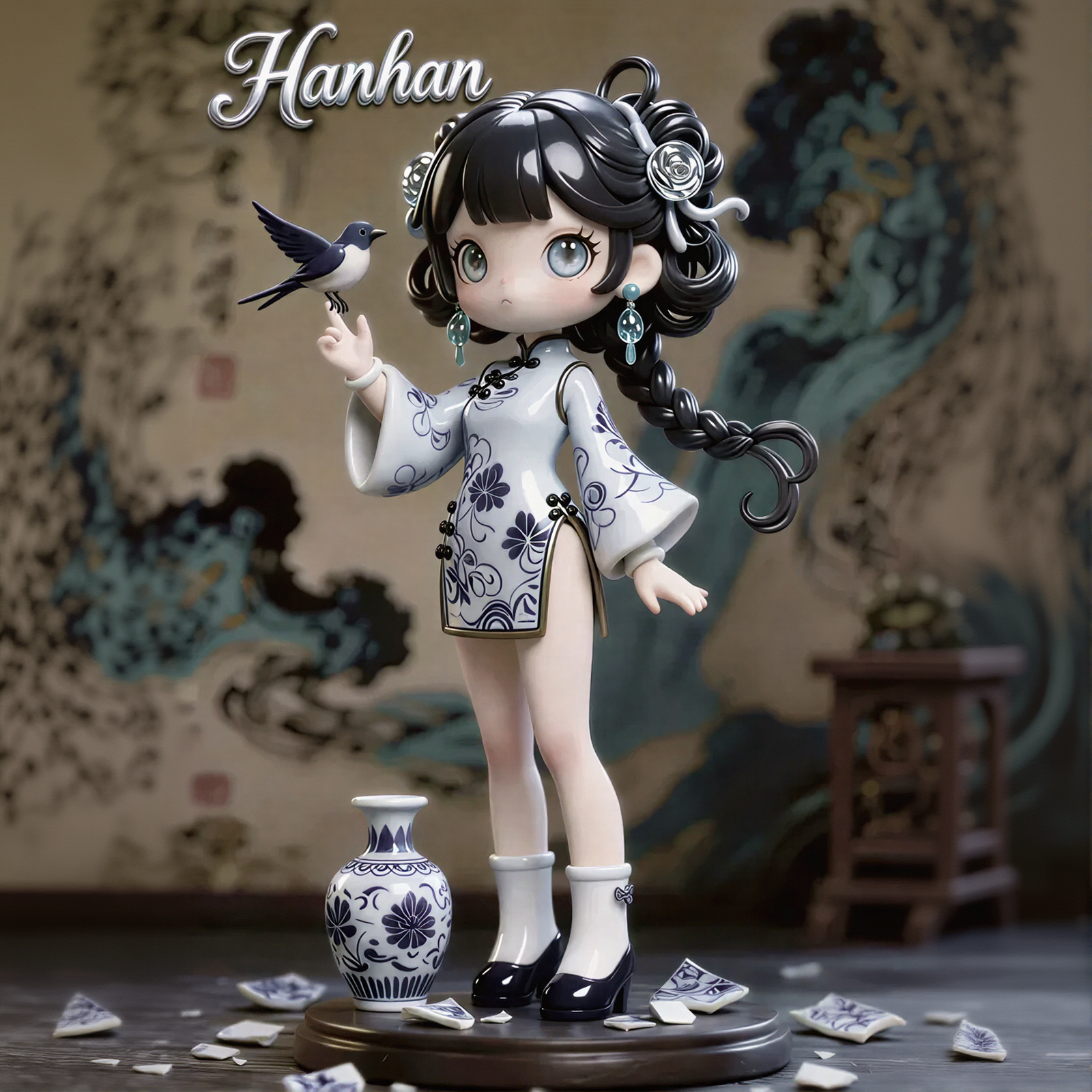 Blue and White Porcelain Style Girl Figurine